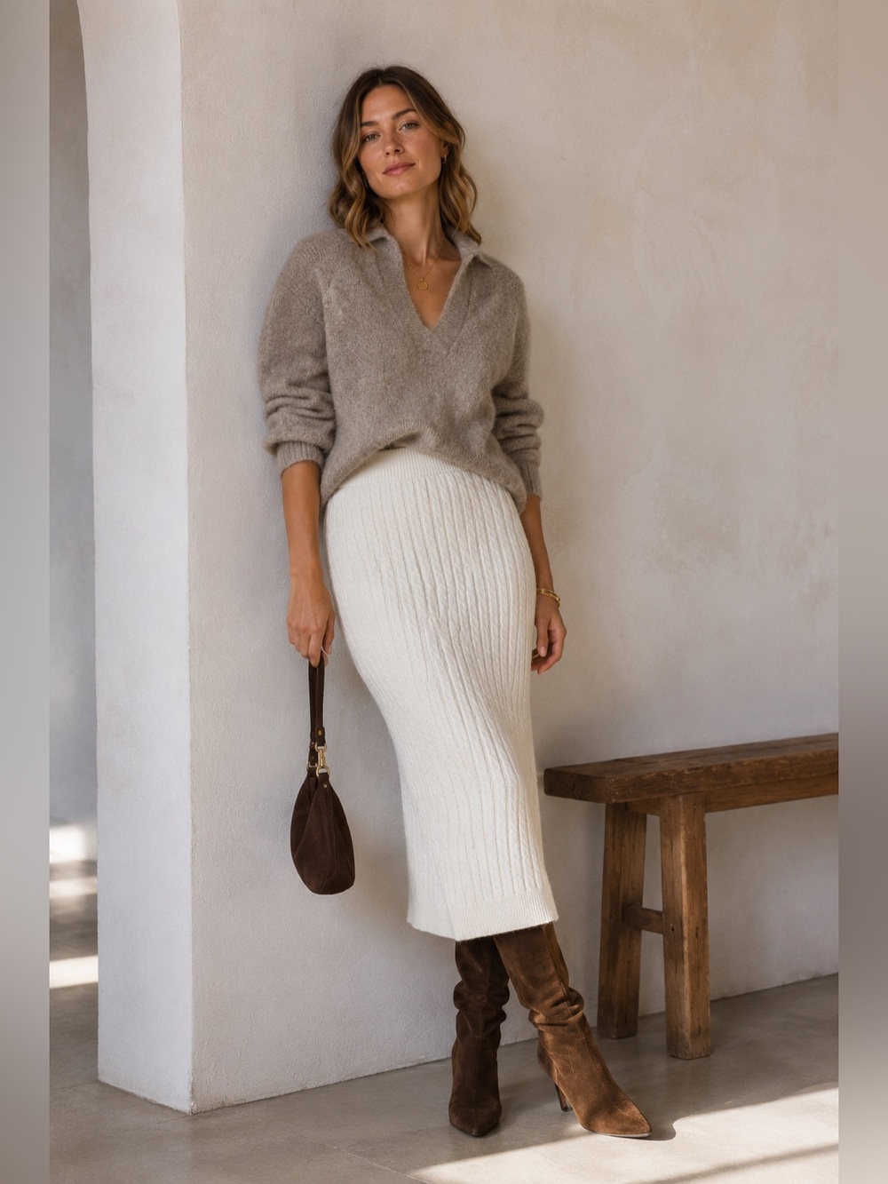 Anthropologie Pinch Cable Knit Midi Skirt Cream Pull-On Size Small